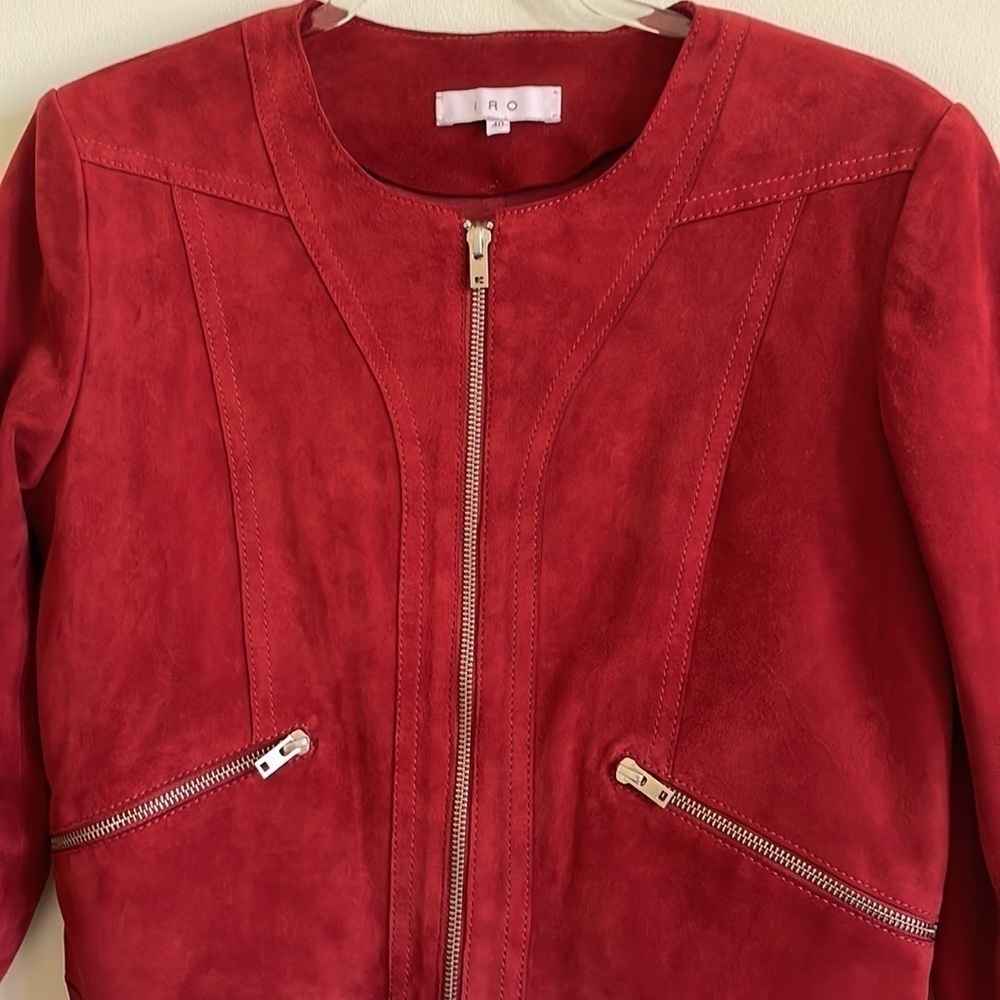 IRO Tatiana Red Suede Leather Jacket Silver Zippers Buckle Belt Fall Size 8 (40) - Picture 8 of 13